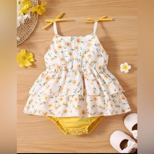 SHEIN Baby Floral Bow Shoulder Layer Hem Dress